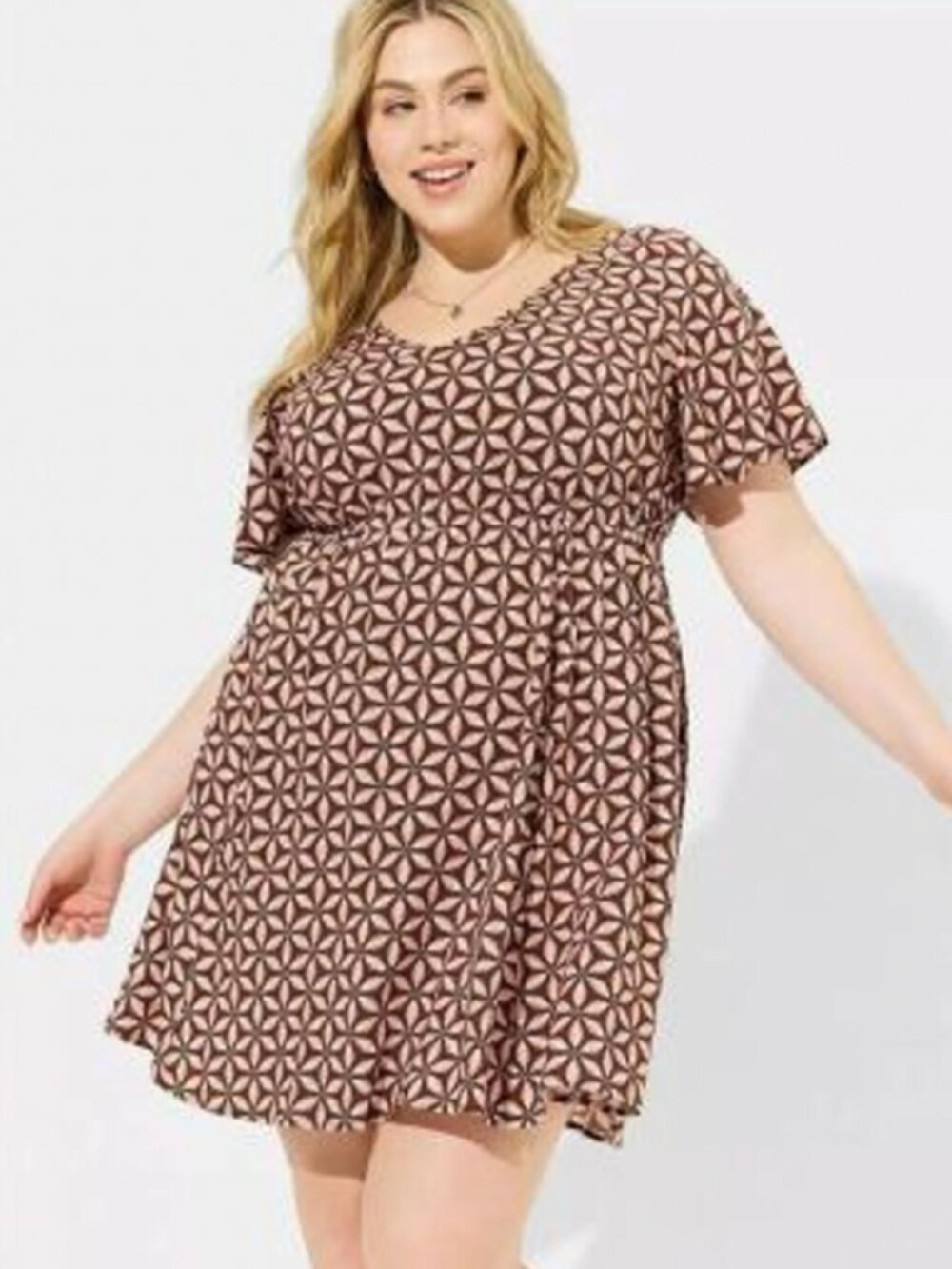 TORRID Women 2 Plus V-Neck Flutter Short Sleeve Geometric Print Dress Pink/Brown